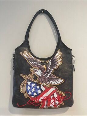 NWT Ed Hardy Distressed Shoulder Bag w/ Eagle & Flag design